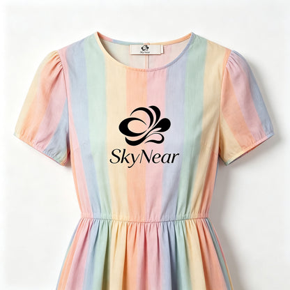 SkyNear Pastel Vertical‑Stripe Short Puff Sleeve Dress, Elastic Waist Flare Mini Dress