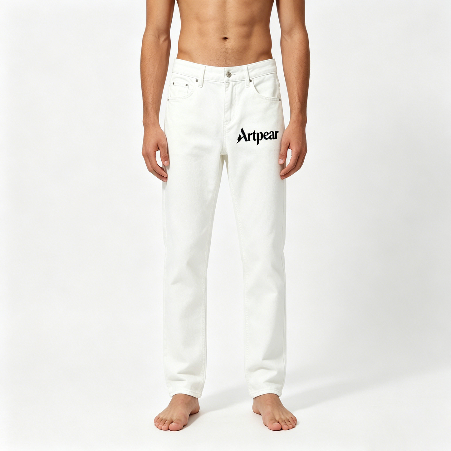 Artpear Men's White Straight-Leg Jeans, Classic Fit Casual Denim Pants, High Waist Comfort Stretch Trousers with Pockets, All-Season Streetwear
