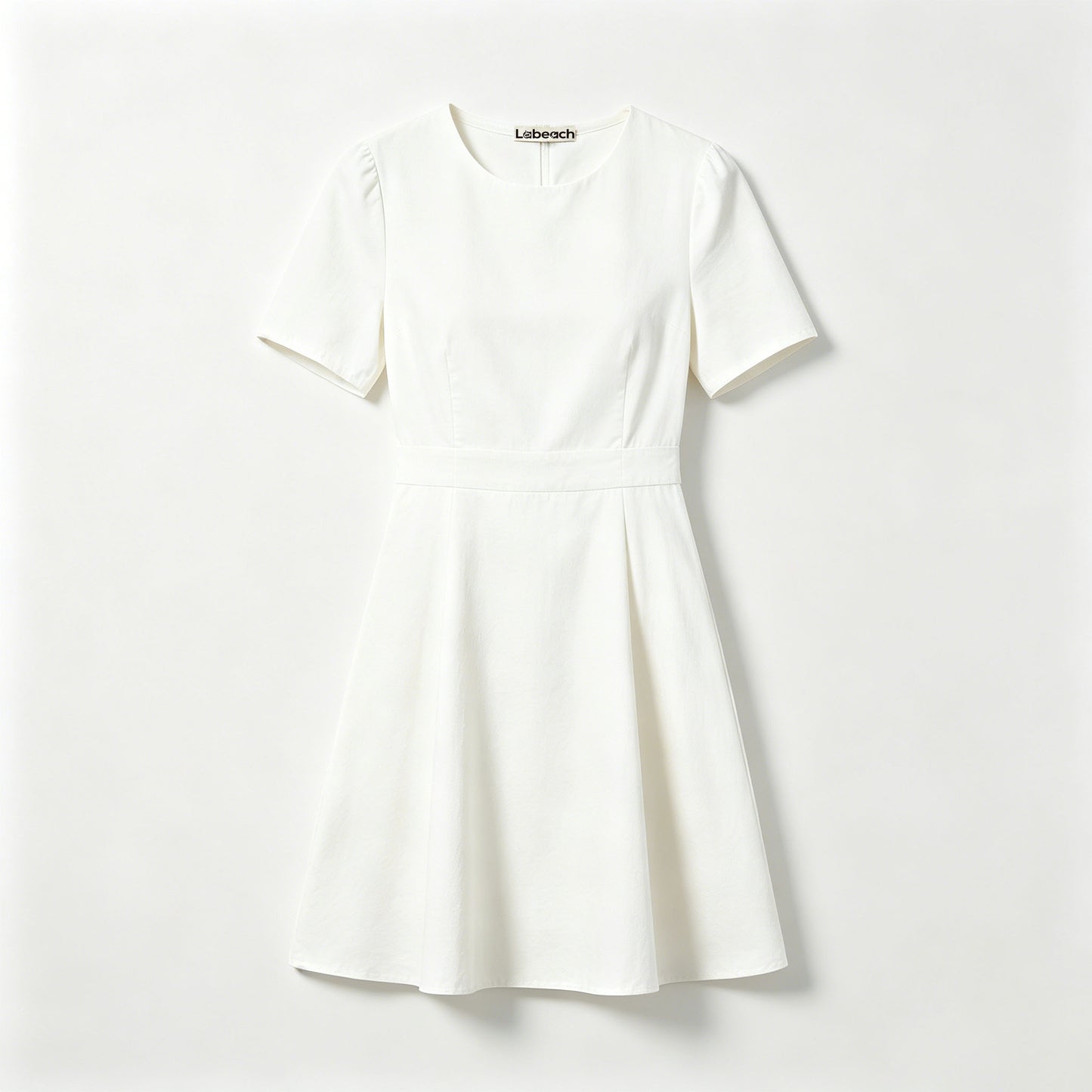 Lebeach Women White Short Sleeve A-Line Dress, Crew Neck Waist Midi Dress, Elegant Casual Office Work Flare Dress for Ladies