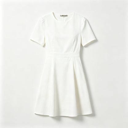 Lebeach Women White Short Sleeve A-Line Dress, Crew Neck Waist Midi Dress, Elegant Casual Office Work Flare Dress for Ladies