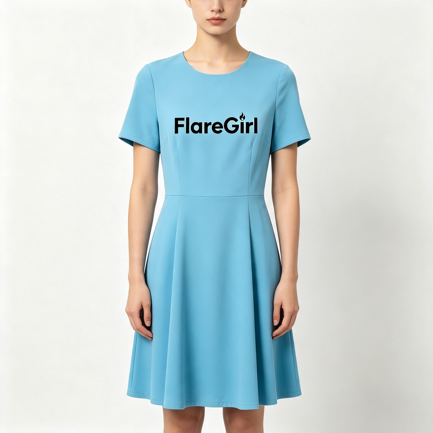 FlareGirl Round Neck A-Line Mini Dress, Soft Stretch Short Sleeve Flared Skater Dress, Elegant Sky Blue Casual Work Party Above Knee Dress