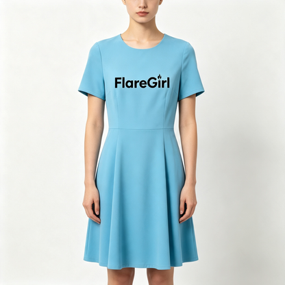 FlareGirl Round Neck A-Line Mini Dress, Soft Stretch Short Sleeve Flared Skater Dress, Elegant Sky Blue Casual Work Party Above Knee Dress