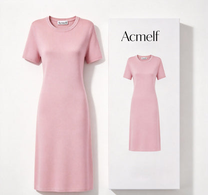 Acmelf Women's Short Sleeve Knit Midi Dress, Crew Neck Slim Fit Casual Knit Dress, Elegant Solid Color Midi Dresses for Daily Party Office
