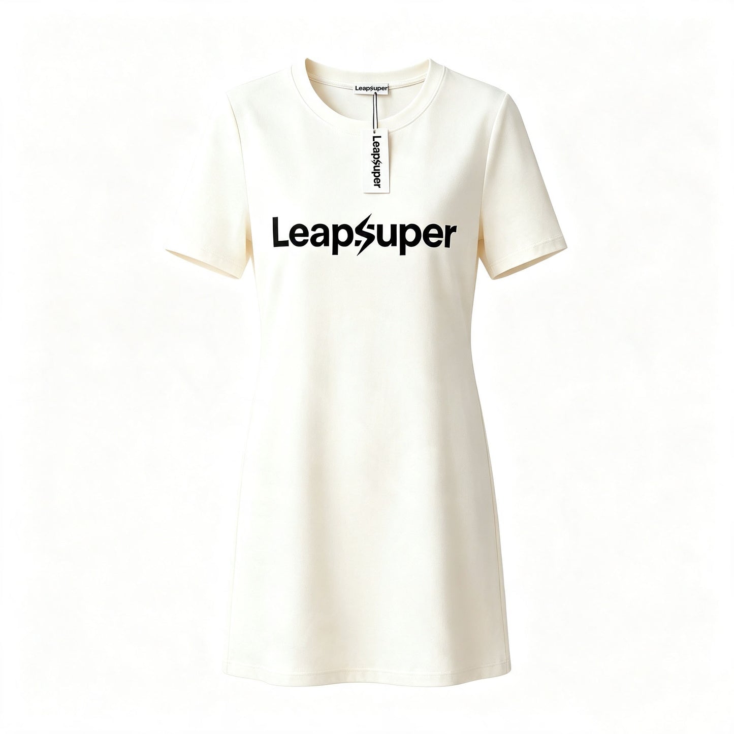 Leapsuper Cream Crew Neck Mini T-Shirt Dress for Women, Relaxed Short Sleeve Cotton Casual Shift Dress Minimalist Soft Everyday Short Dress