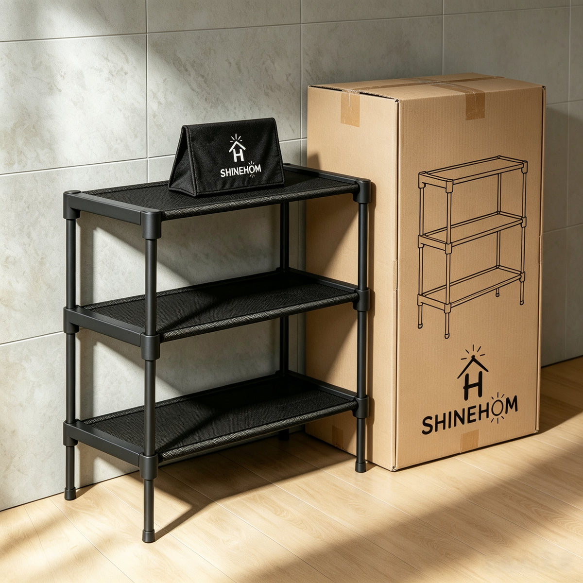 H SHINEHOM 3 Tier Shoe Rack, Metal Frame Fabric Mesh Shoe Racks for Entryway, Tool Free Assembly Shoe Storage Organizer for Hallway Closet Home