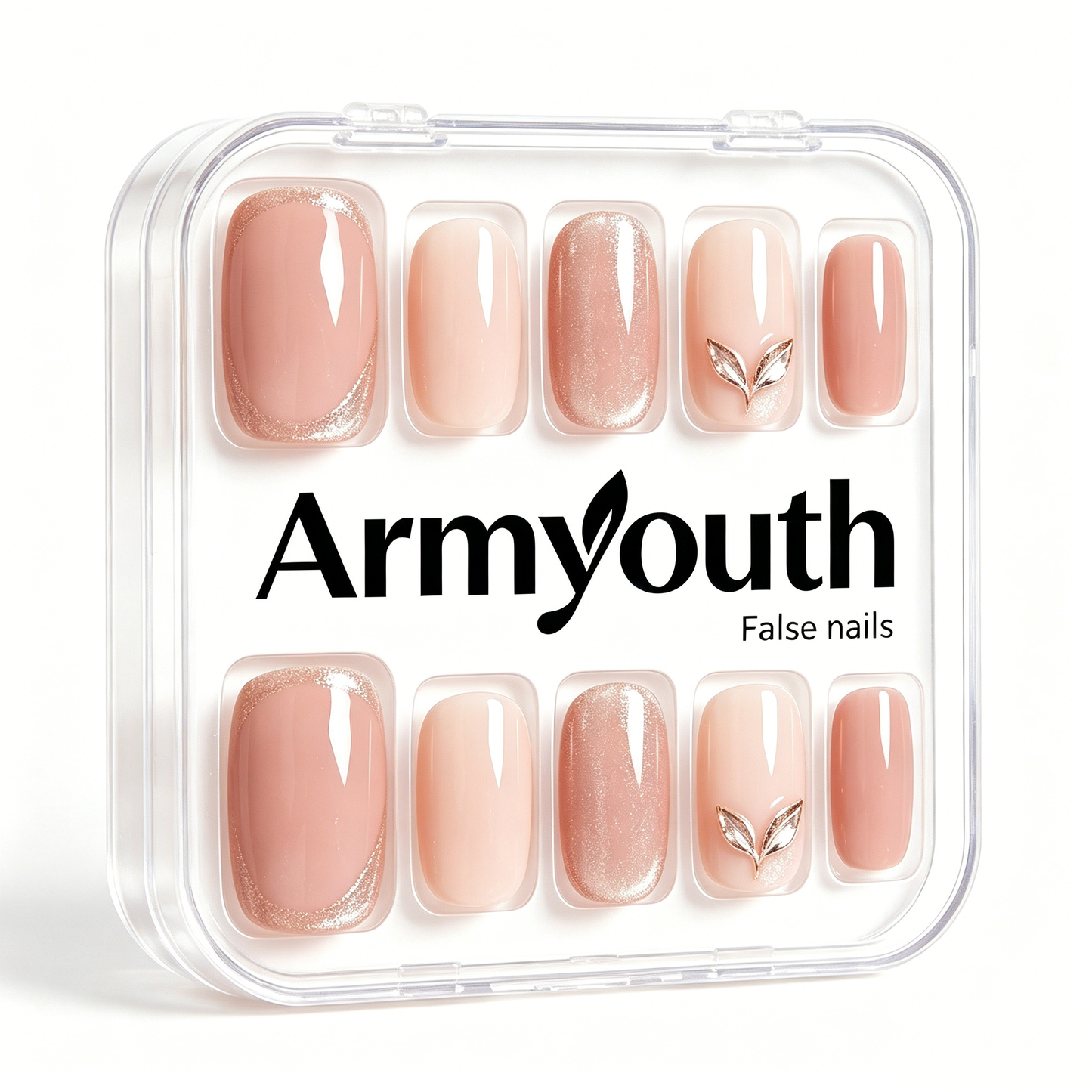 Armyouth Nude Press On Nails, Short Square Fake Nails with Gold Glitter French & 3D Leaf Decor, Reusable Glossy Stick On Nails, Natural False Nails for Daily Wear