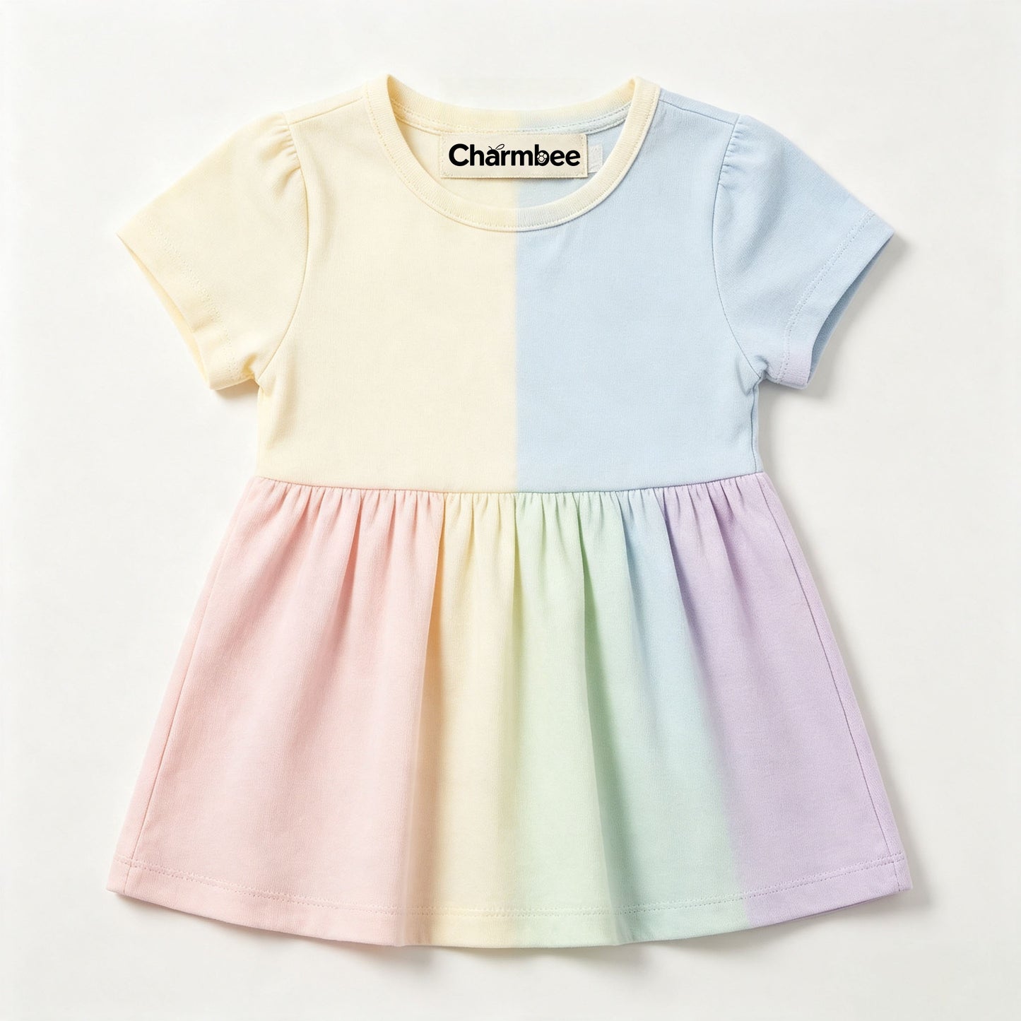 Charmbee Toddler Girls Short Sleeve Color Block Dress, Soft Cotton Rainbow Panel Casual Summer A-Line Play Dress for Little Girls
