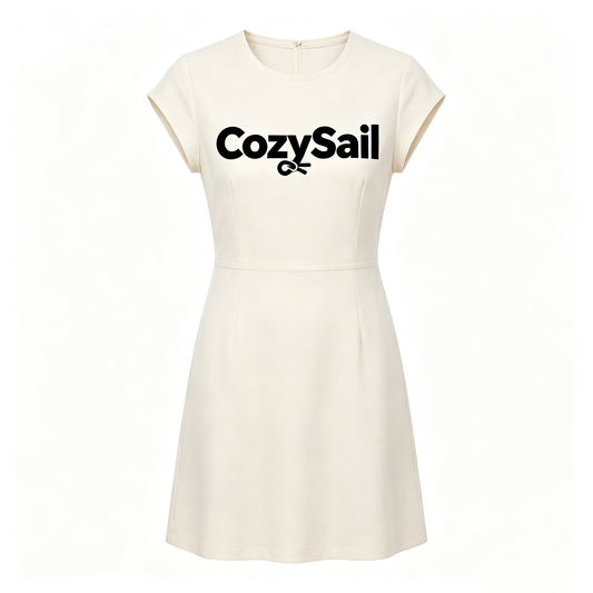 CozySail Cream Cap Sleeve Mini A-Line Dress, Round Neck Short Waist Casual Office Short Dress