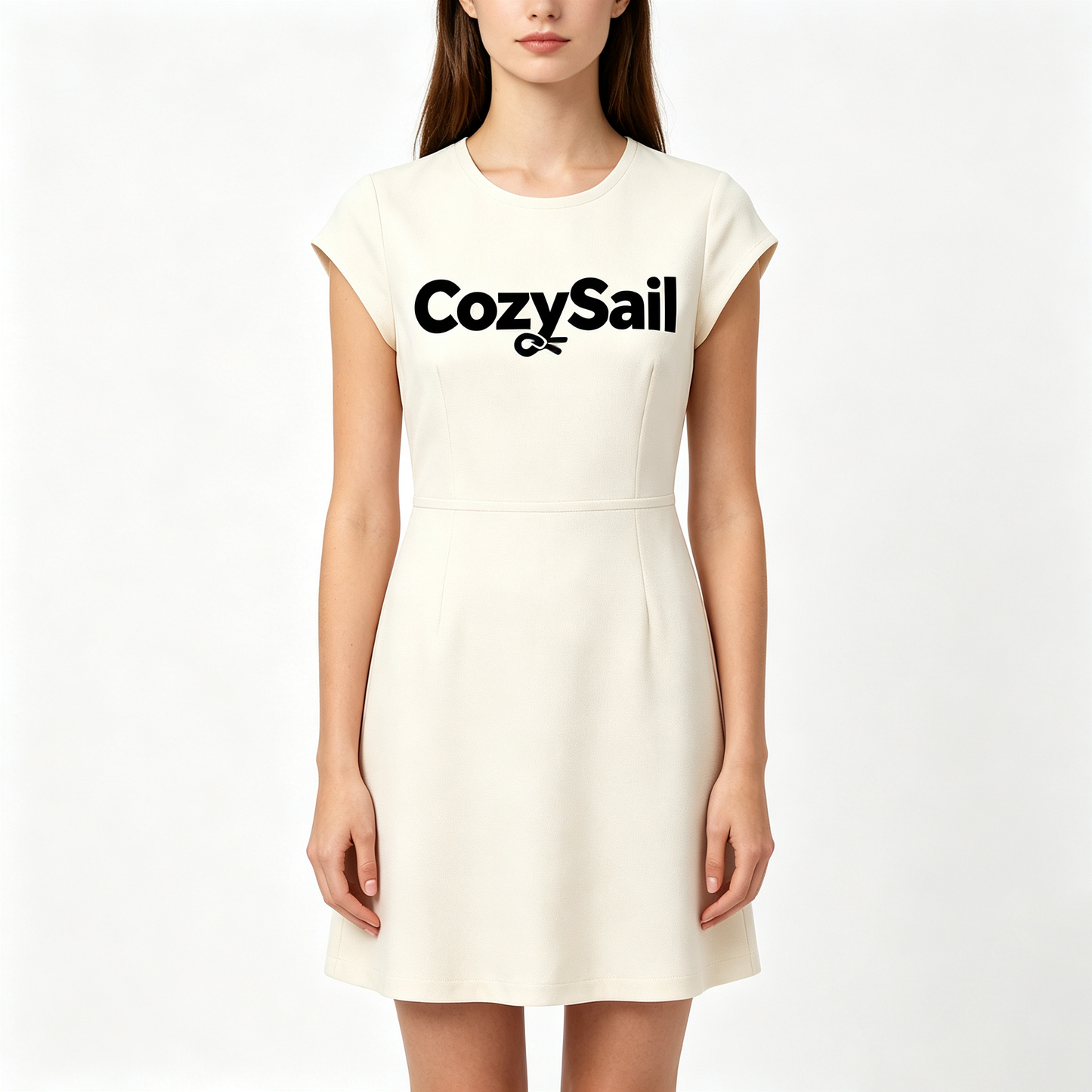 CozySail Cream Cap Sleeve Mini A-Line Dress, Round Neck Short Waist Casual Office Short Dress