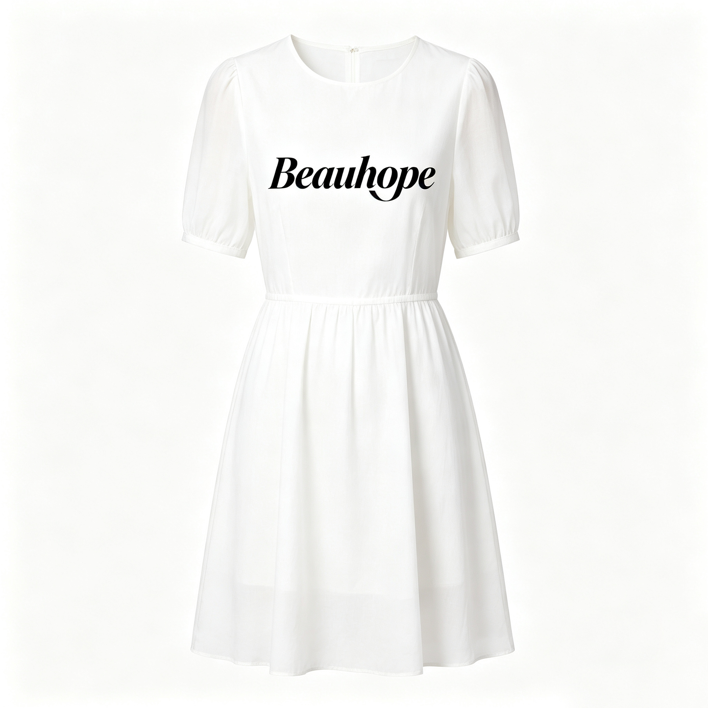 Beauhope Women Short Puff Sleeve A-Line Mini Dress, Round Neck Elastic Waist Casual Flowy White Sundress Daily Vacation Party Dress
