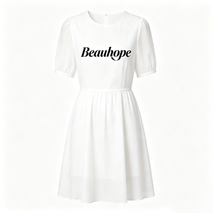 Beauhope Women Short Puff Sleeve A-Line Mini Dress, Round Neck Elastic Waist Casual Flowy White Sundress Daily Vacation Party Dress