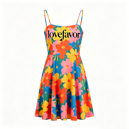 lovefavor Floral Print Cami Dress, Women’s Summer Spaghetti Strap A-Line Swing Mini Dress, Casual Beach Sundress