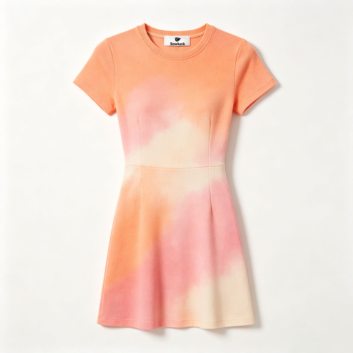 Sowluck Women's Tie Dye Short Sleeve Mini Dress, Crew Neck Slim Fit A-Line Summer Dress, Soft Stretchy Gradient Casual Dress for Daily Dating Party