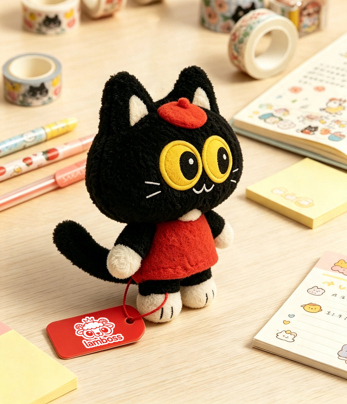 lamboss Cute Black Cat Plush Toy, Soft Stuffed Animal Plush Toy with Gift Box, Kawaii Cartoon Kitty Plush Figure, Lovely Cat Plush Toy Gift for Kids, Birthday Decor