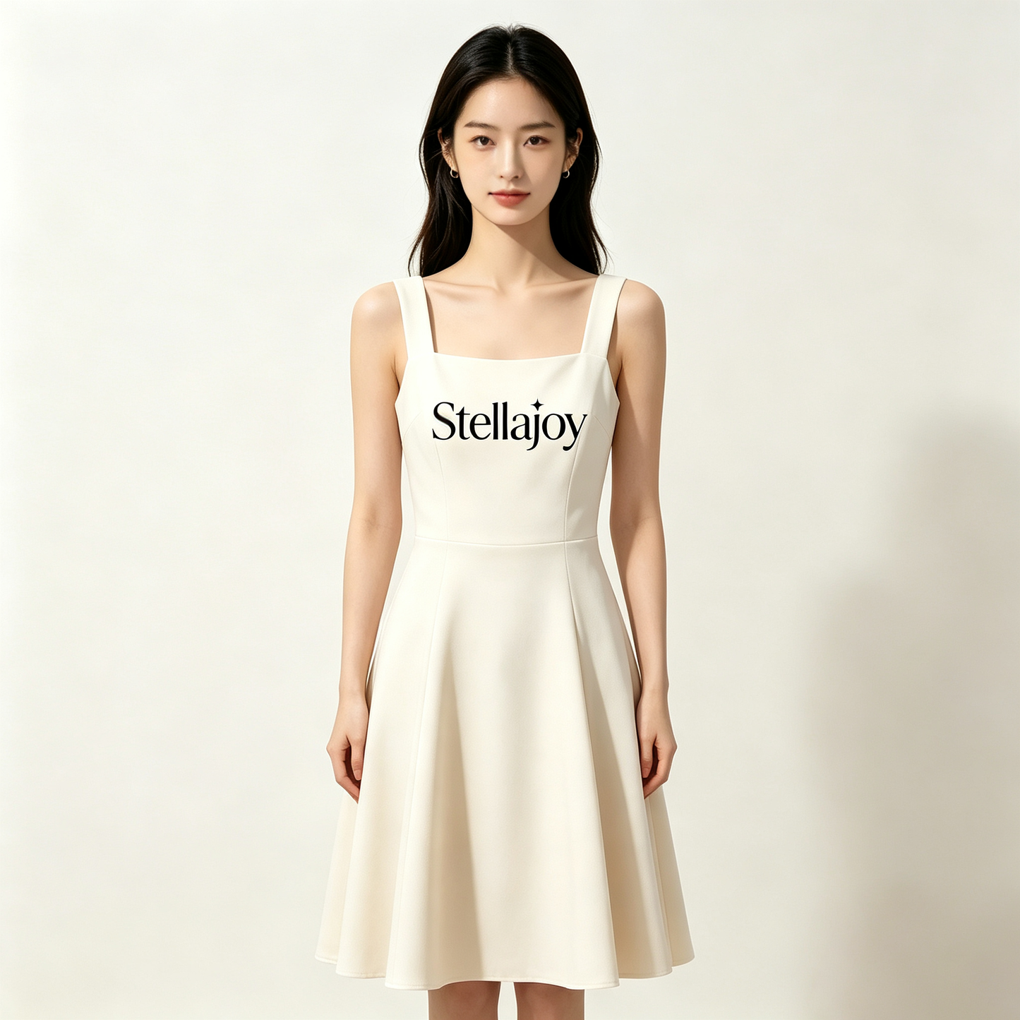 Stellajoy Cream Square Neck Sleeveless A-Line Midi Dress for Women, Elegant Wide Strap Flared Swing Casual Party Dress