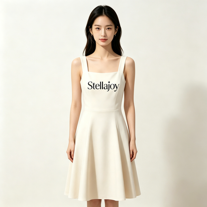 Stellajoy Cream Square Neck Sleeveless A-Line Midi Dress for Women, Elegant Wide Strap Flared Swing Casual Party Dress