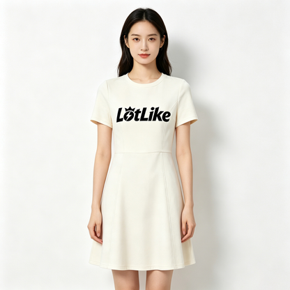 LotLike Women’s Cream Crew Neck Short Sleeve Mini Dress, Slim Fit Flare A Line Casual Dress, Soft Stretch Office Daily Summer T Shirt Dress