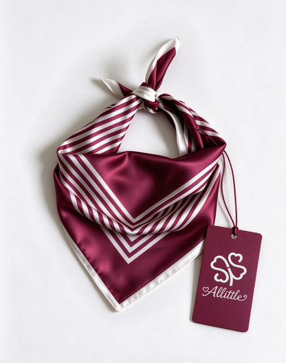 Allittle Satin Neck Scarf for Women, Burgundy White Striped Decorative Bandana, Retro Square Neckerchief for Outfit Accessory