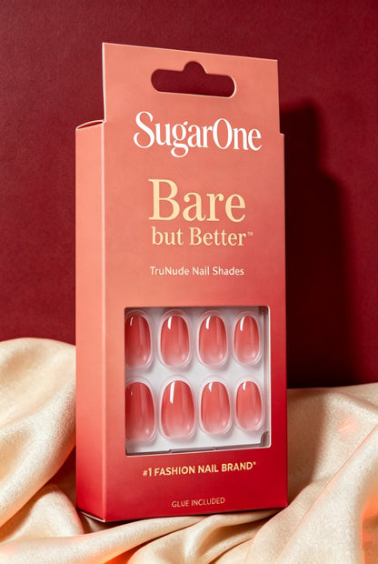 SugarOne Short Oval False Nails, TruNude Gradient Glossy False Nails for Women, Reusable Full Cover Stick on False Nails, Manicure Kit with Nail Glue Included