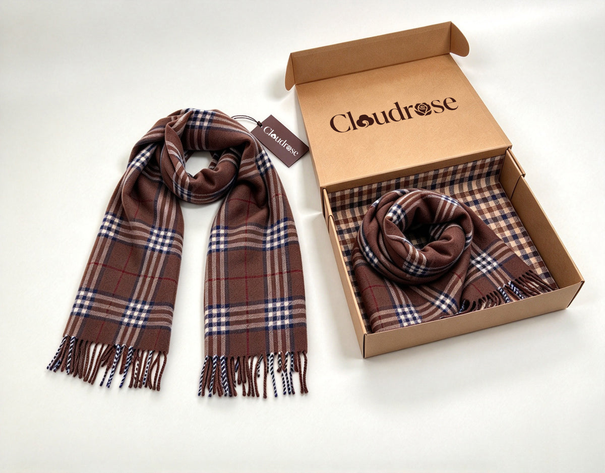 Cloudrose Plaid Tassel Scarf, Soft Warm Lightweight Wrap Scarf for Men Women, Classic Checked Scarves for Fall Winter Daily Wear Gift Box Included