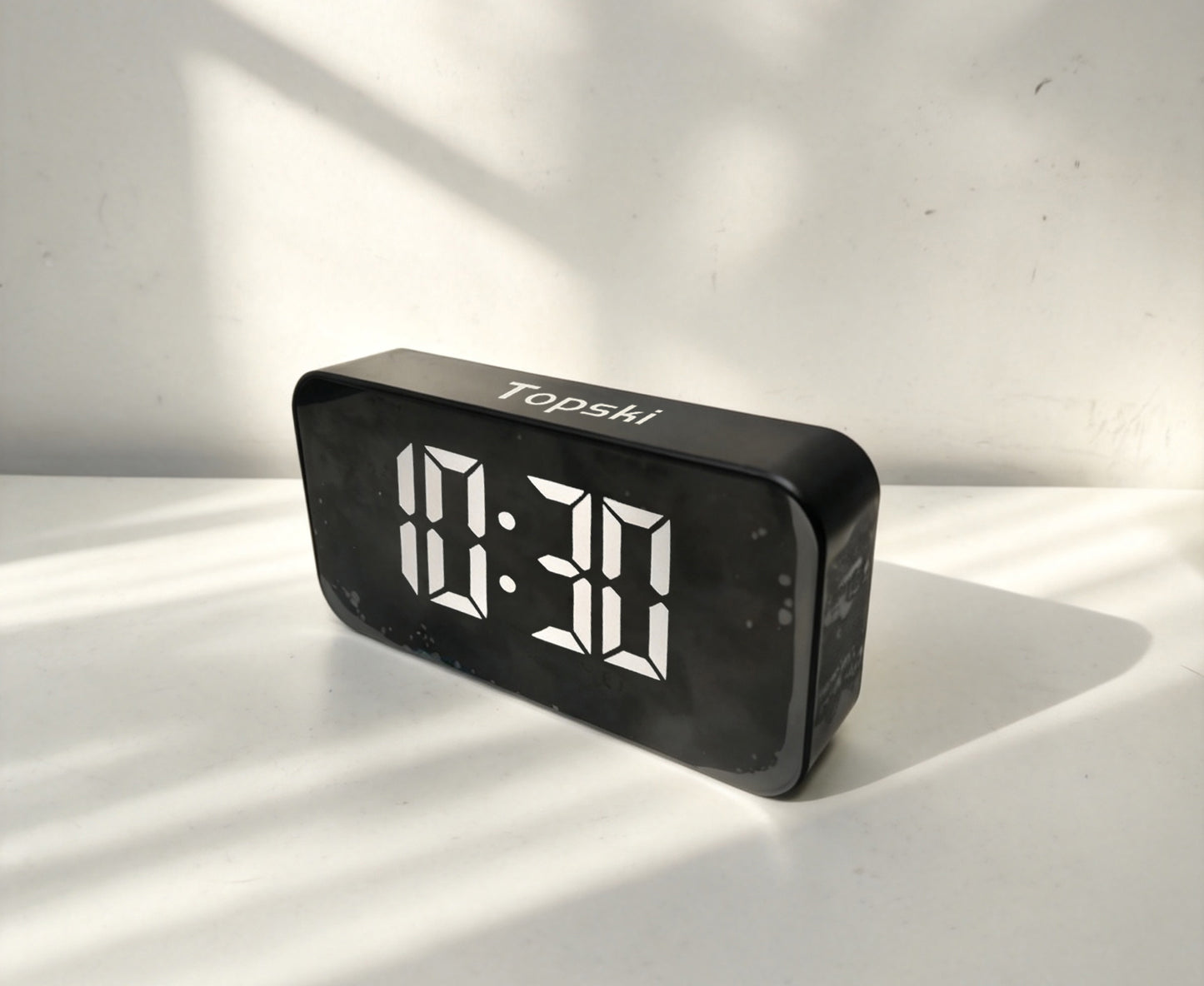 Topski Digital Alarm Clock, Large LED Mirror Display Bedside Clock with Adjustable Brightness, Snooze Function, Dual Power Supply Electronic Clock for Bedroom, Desk, Office, Kids Adults