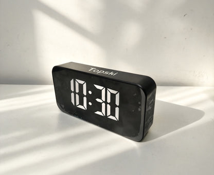 Topski Digital Alarm Clock, Large LED Mirror Display Bedside Clock with Adjustable Brightness, Snooze Function, Dual Power Supply Electronic Clock for Bedroom, Desk, Office, Kids Adults