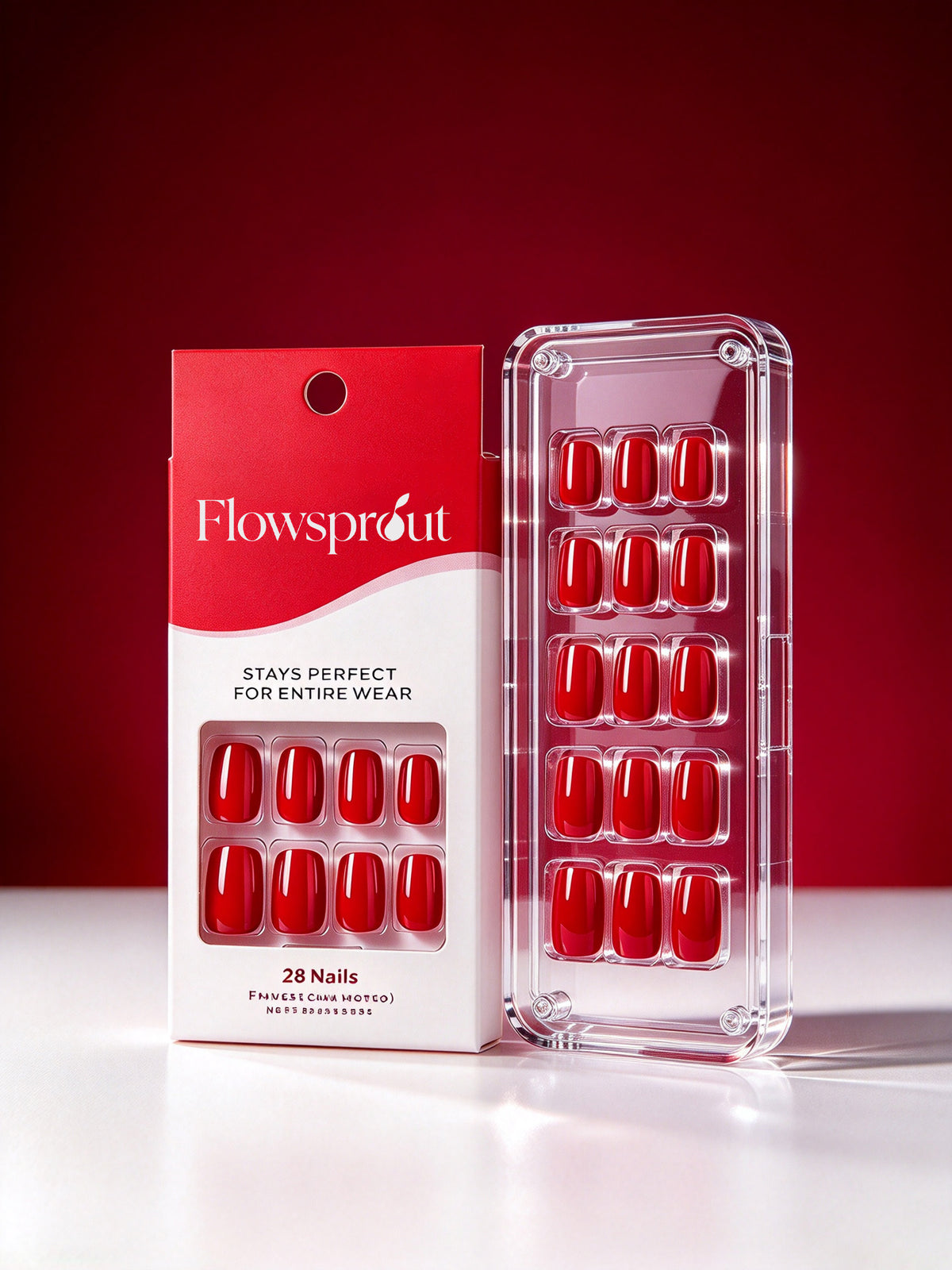 Flowsprout 28Pcs Red False Nails, Short Square Press On Nails, Glossy Solid Color Fake Nails, Reusable Stick On Nails for Women Daily Party Wear