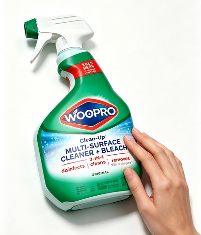 WOOPRO Clean-Up Multi-Surface Cleaner with Bleach, 3-in-1 Disinfecting Spray, Kills 99.9% of Viruses & Bacteria, Removes 99% Allergens, Original Scent