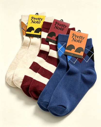 Pretty Note Women's Vintage Mid Calf Socks, 3 Pairs Retro Argyle & Striped Knit Crew Socks, Casual Preppy Style Cotton Socks for Daily Wear