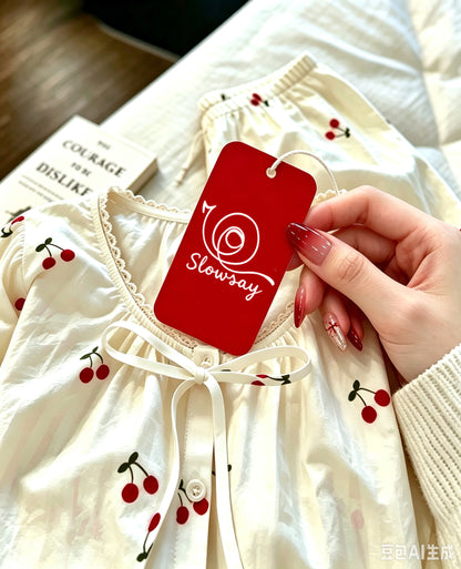 Slowsay Women’s Short Sleeve Sleepwear Set, Sweet Cherry Print Sleepwear with Lace Trim, Front Button Down Bow Loose 2 Piece Pajama Set