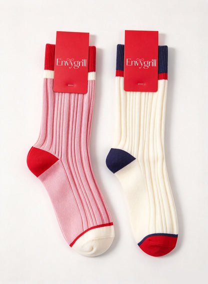 Envygrill Women's Color Block Crew Socks, Vertical Ribbed Casual Mid Calf Socks, Soft Preppy Style Fashion Socks for Daily Wear 2 Pairs