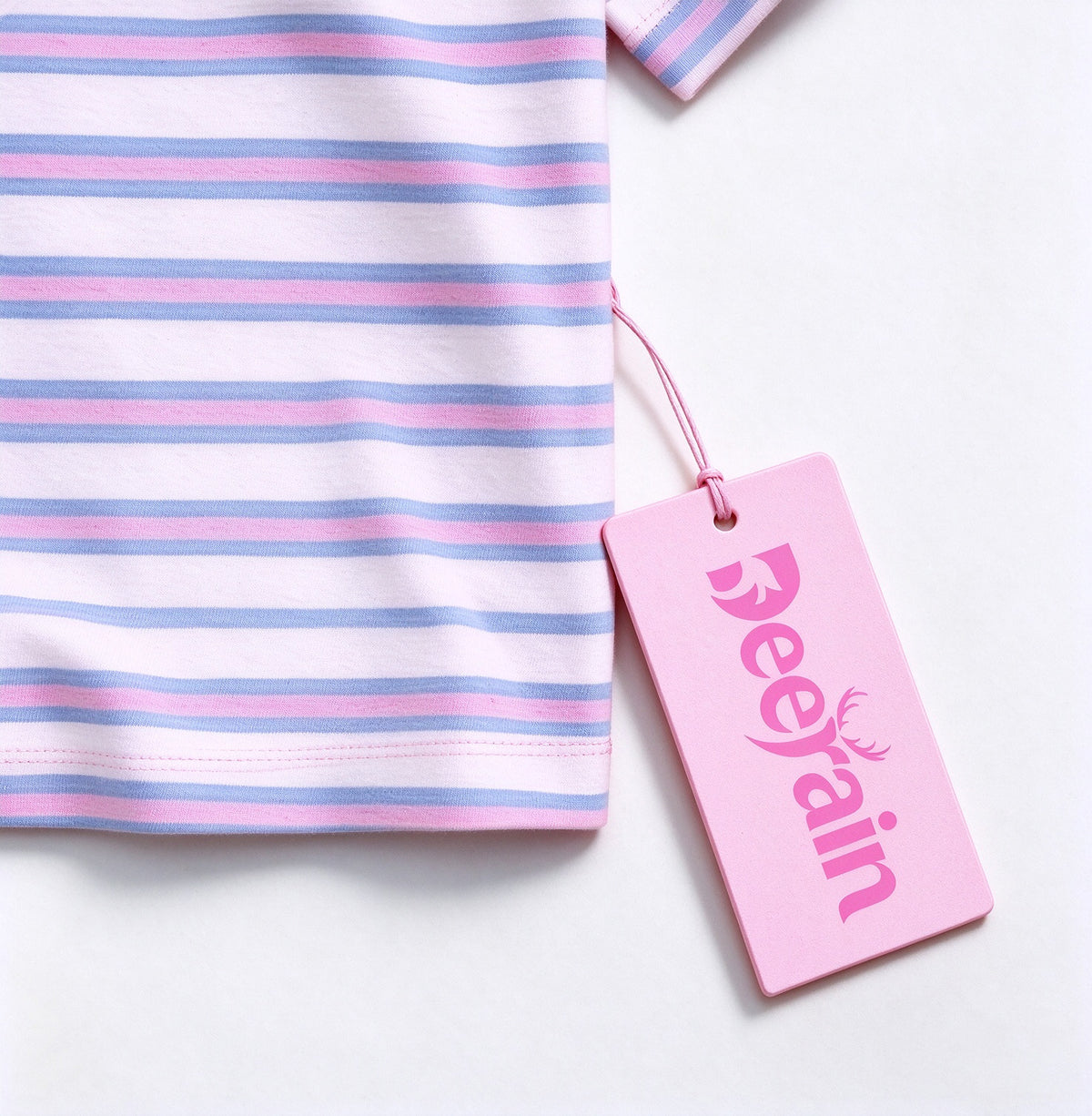 Deerain Kids Short Sleeve T-Shirt, Pink Blue White Striped Crew Neck Crop Top, Letter Print Casual Tee for Girls