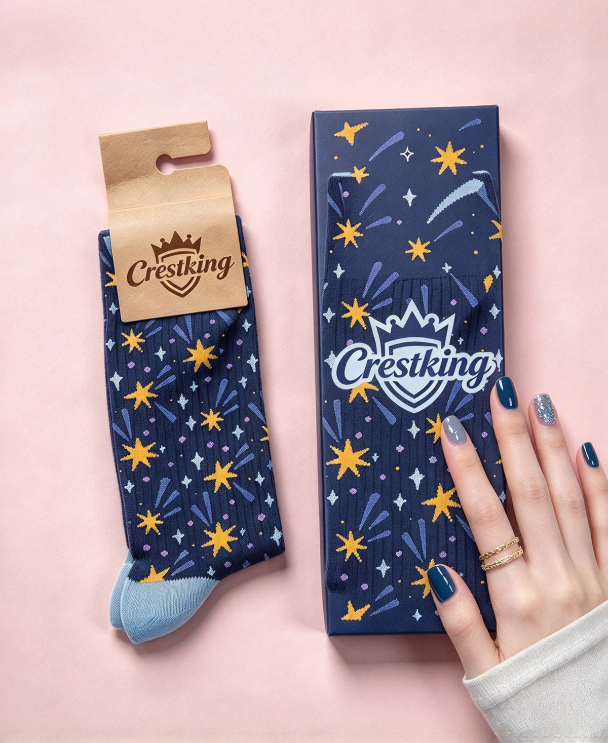 Crestking Star Pattern Crew Socks, Soft Breathable Novelty Mid Calf Socks for Men Women, Cute Starry Sky Dress Socks with Gift Box