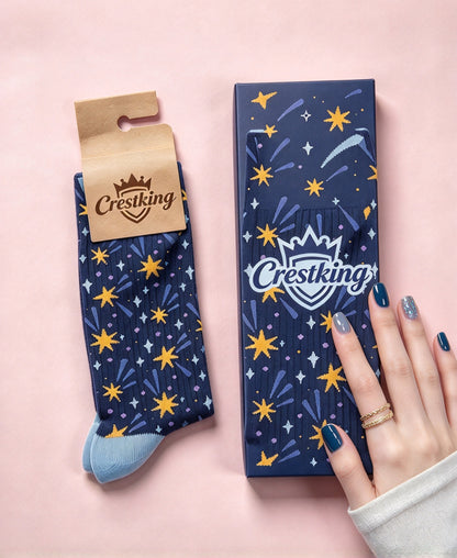 Crestking Star Pattern Crew Socks, Soft Breathable Novelty Mid Calf Socks for Men Women, Cute Starry Sky Dress Socks with Gift Box