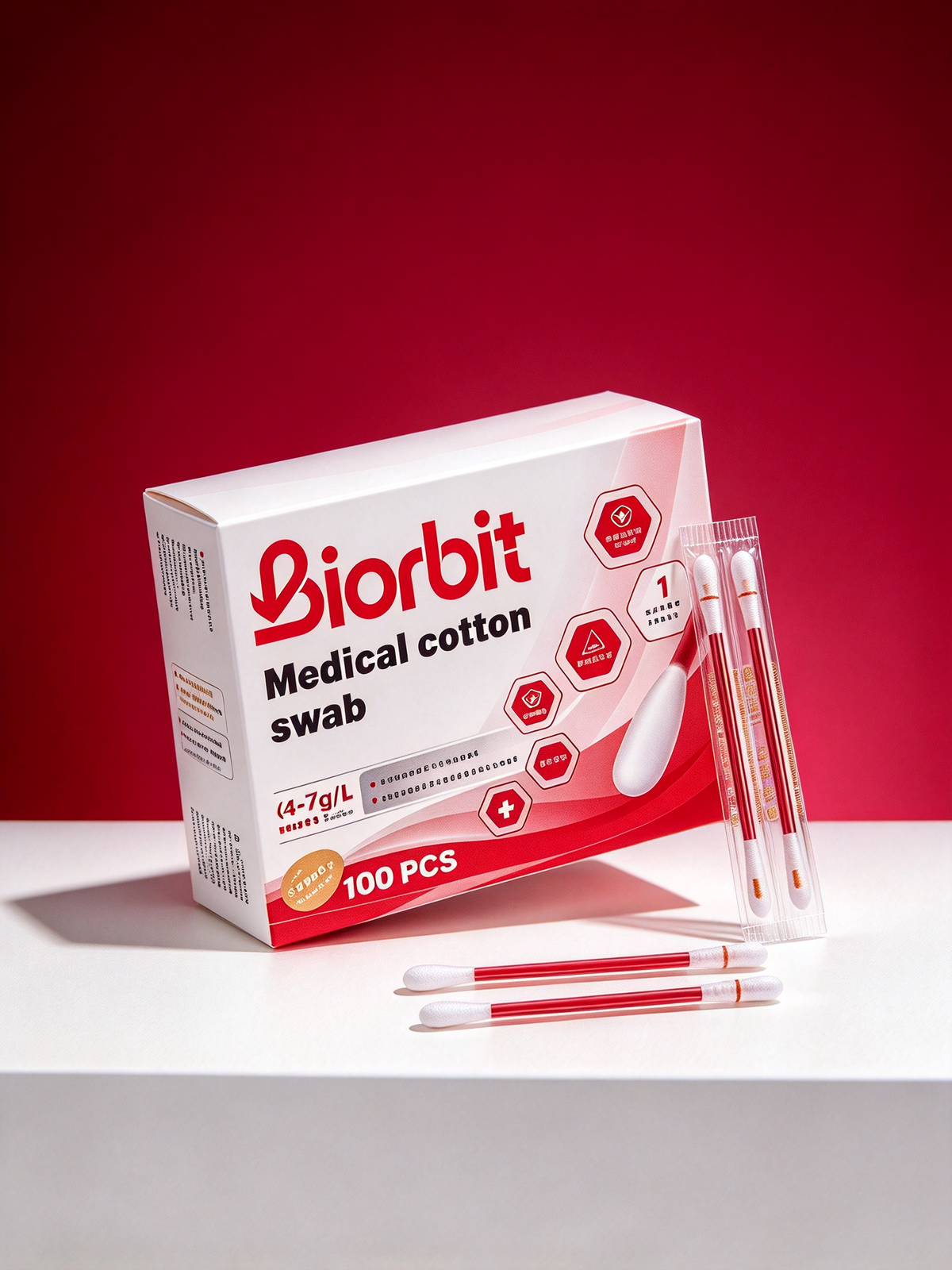 Biorbit Medical Cotton Swabs, 100 Count, Individually Wrapped Disposable Cotton Applicator Sticks for Wound Care, Skin Cleaning & First Aid