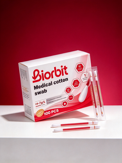 Biorbit Medical Cotton Swabs, 100 Count, Individually Wrapped Disposable Cotton Applicator Sticks for Wound Care, Skin Cleaning & First Aid