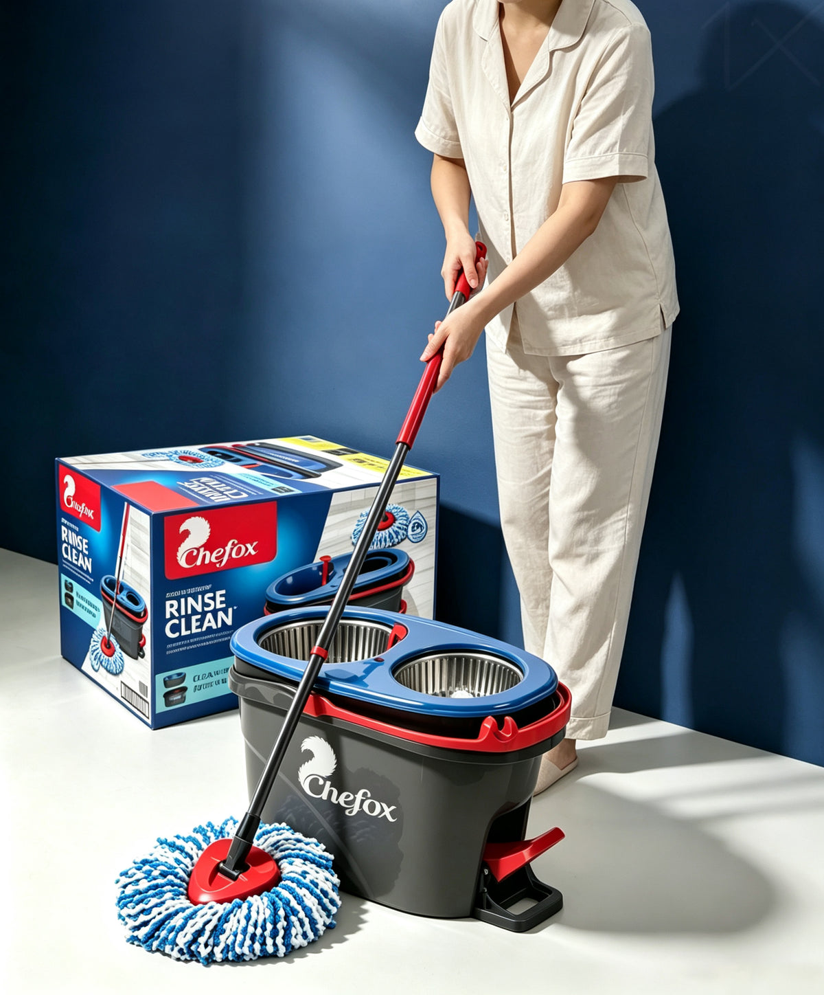 Chefox Spin Mop and Bucket System, Dual Chamber Floor Mop with Microfiber Mop Head, Foot Pedal Wringer, for Hardwood Tile Floors, Home Cleaning Supplies