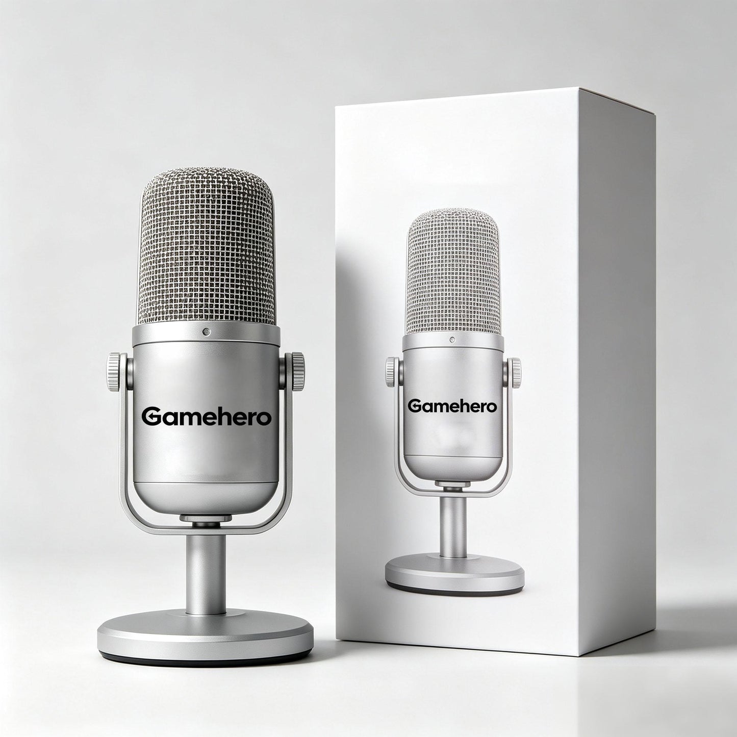Gamehero USB Streaming Microphone, Professional Condenser Podcast Mic with Stand, Noise Reduction Gaming Microphone for PC Laptop, Recording, Twitch Streaming, YouTube Voice Over, Plug & Play Silver Desktop Mic