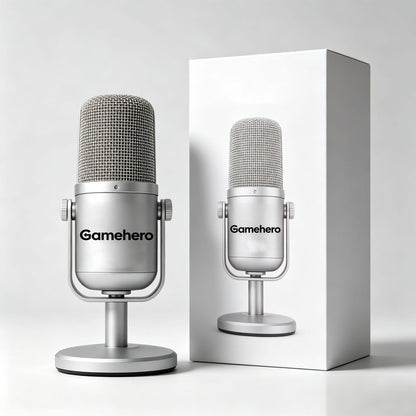 Gamehero USB Streaming Microphone, Professional Condenser Podcast Mic with Stand, Noise Reduction Gaming Microphone for PC Laptop, Recording, Twitch Streaming, YouTube Voice Over, Plug & Play Silver Desktop Mic
