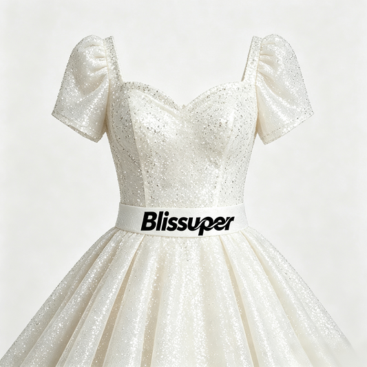 Blissuper Sparkling Ball Gown Wedding Dress Puff Short Sleeve Sweetheart Neck Glitter Tulle Train Formal Evening Gown for Wedding Prom