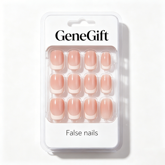 GeneGift Nude French Tip Press On False Nails, Medium Square Gradient Fake Nail Kit, Reusable Glossy Full Cover Nail Tips for Daily Office Wedding DIY Manicure
