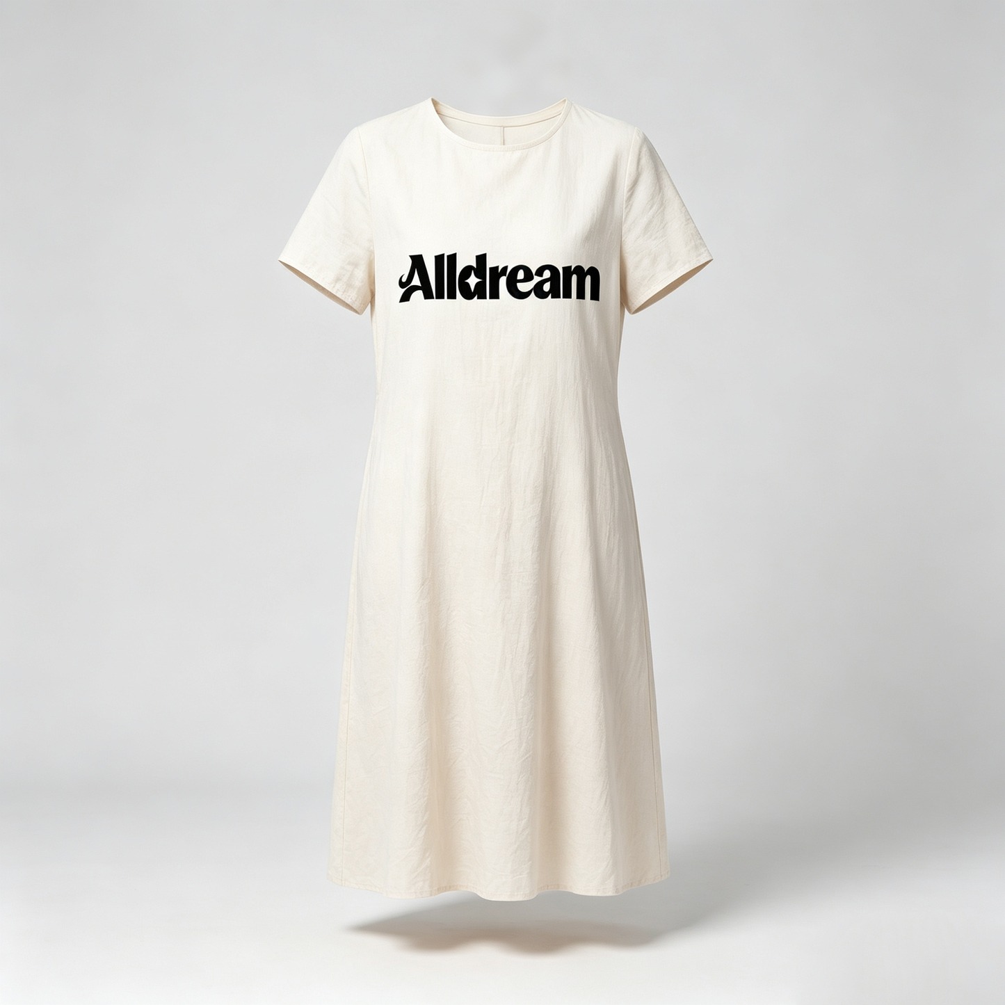 Alldream Women’s Crew Neck Short Sleeve Midi Dress, Loose Flowy Linen Blend Casual Dress, Soft Wrinkle Resistant Cream Mid Length Dress for Daily Beach Vacation Outfit