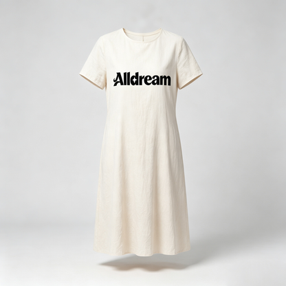 Alldream Women’s Crew Neck Short Sleeve Midi Dress, Loose Flowy Linen Blend Casual Dress, Soft Wrinkle Resistant Cream Mid Length Dress for Daily Beach Vacation Outfit