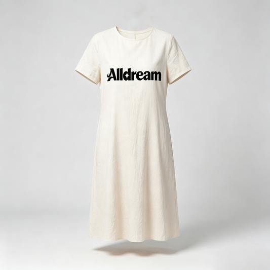 Alldream Women’s Crew Neck Short Sleeve Midi Dress, Loose Flowy Linen Blend Casual Dress, Soft Wrinkle Resistant Cream Mid Length Dress for Daily Beach Vacation Outfit
