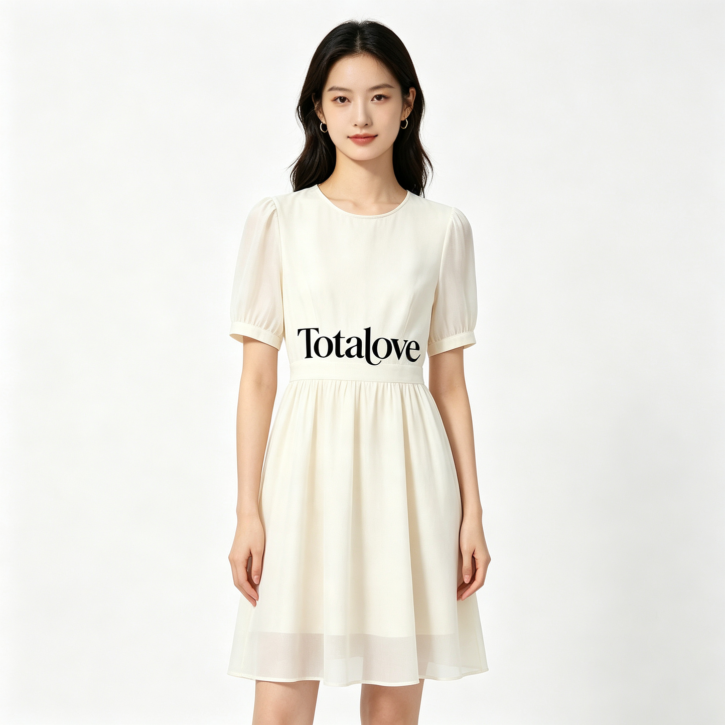 Totalove Women’s Cream Round Neck Puff Short Sleeve Mini Dress, Waist Cinched Flowy Chiffon A Line Dress, Elegant Casual Summer Swing Dress for Dating Office Wedding Guest