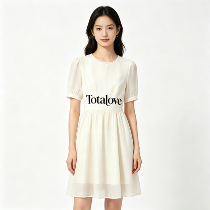 Totalove Women’s Cream Round Neck Puff Short Sleeve Mini Dress, Waist Cinched Flowy Chiffon A Line Dress, Elegant Casual Summer Swing Dress for Dating Office Wedding Guest