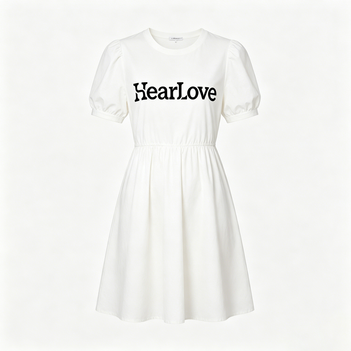 HearLove Women Puff Sleeve Mini Dress, Casual Round Neck Elastic Waist A-Line Short Tshirt Dress, Cute Summer Flowy Swing Dress for Daily Vacation