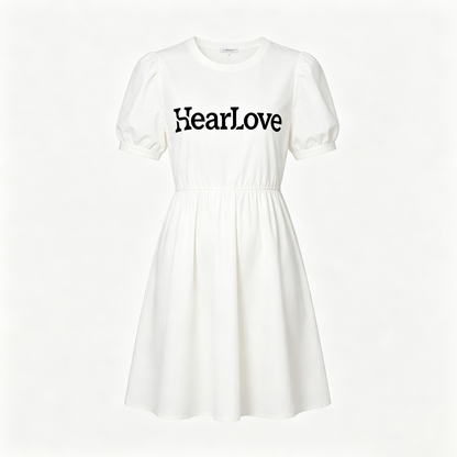 HearLove Women Puff Sleeve Mini Dress, Casual Round Neck Elastic Waist A-Line Short Tshirt Dress, Cute Summer Flowy Swing Dress for Daily Vacation