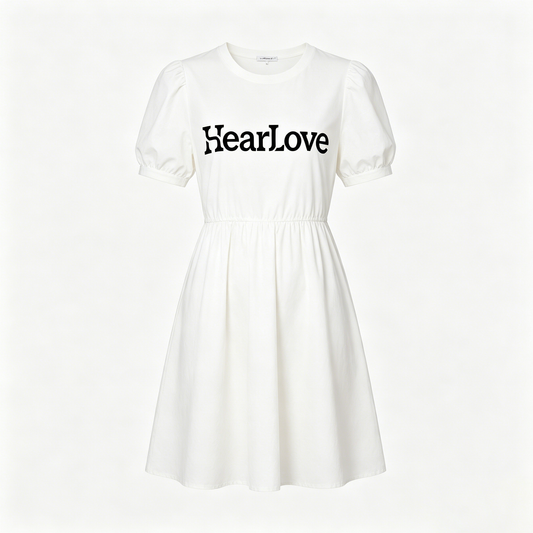 HearLove Women Puff Sleeve Mini Dress, Casual Round Neck Elastic Waist A-Line Short Tshirt Dress, Cute Summer Flowy Swing Dress for Daily Vacation