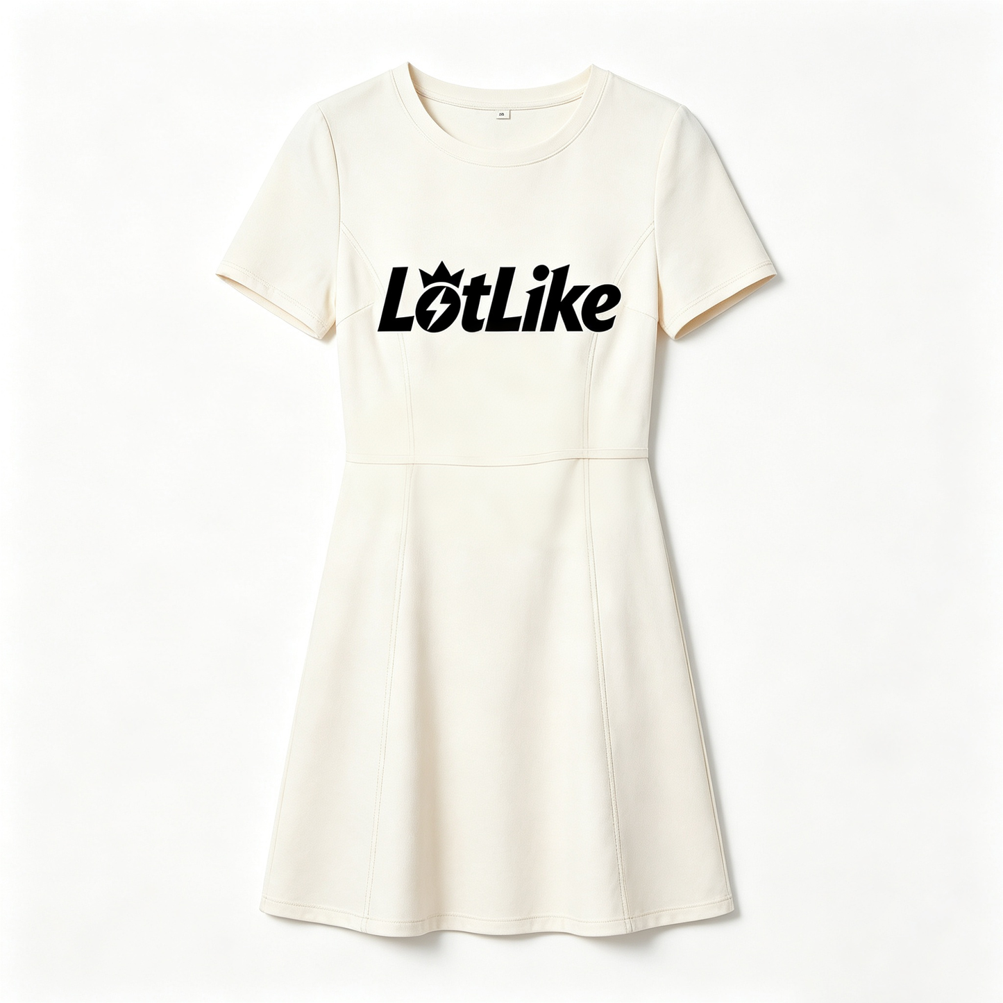 LotLike Women’s Cream Crew Neck Short Sleeve Mini Dress, Slim Fit Flare A Line Casual Dress, Soft Stretch Office Daily Summer T Shirt Dress
